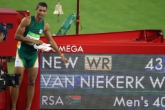 South Africa's Wayde van Niekerk has won the gold medal in the men's 400 metres in a new world record time of 43.03 at the Olympics Stadium on the ninth day of the Rio Olympics Games, Brazil. PRESS ASSOCIATION Photo. Picture date: Monday August 15, 2016. Photo credit should read: Mike Egerton/PA Wire. EDITORIAL USE ONLY